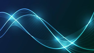 Parlak çizgileri olan dinamik bir dijital dalga. Bu soyut fütüristik grafik pürüzsüz veri akışını ve teknolojik kavramları gösteriyor.