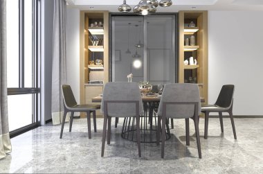 3D render güzel ahşap yemek odası Raf dekorasyon fikri ile