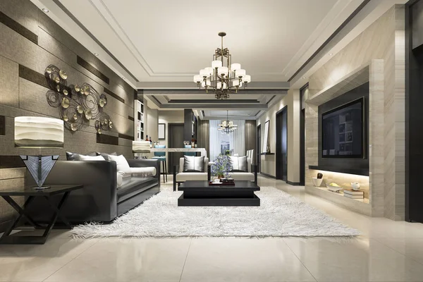 Rendering Luxury Modern Living Room Dining Room — Stock Photo, Image