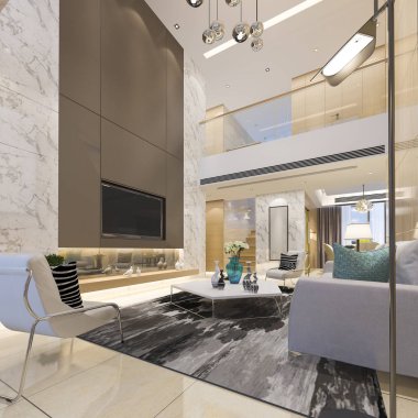 3D render lüks modern Çift Kişilik yaşam kat ile yemek odası