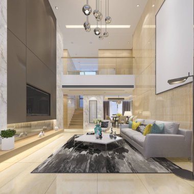 3D render lüks modern Çift Kişilik yaşam kat ile yemek odası