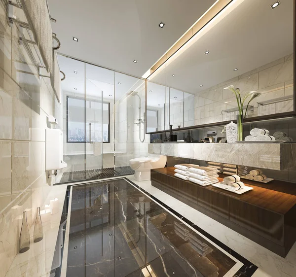 Renderização Luxo Moderno Design Banheiro Banheiro — Fotografia de Stock