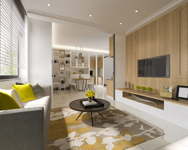 Rendering Minimal Yellow Modern Living Room Wood Wall — Stock Photo, Image