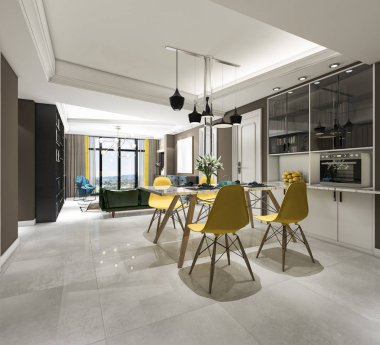 3D işleme modern yemek ve mutfak salon yakınındaki