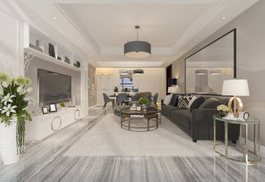 3D rendering lüks ve modern oturma odası ve yemek odası