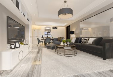 3D rendering lüks ve modern oturma odası ve yemek odası