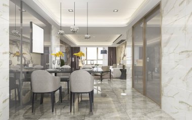 3 boyutlu modern yemek odası ve oturma odasını lüks dekorlarla donatmak.