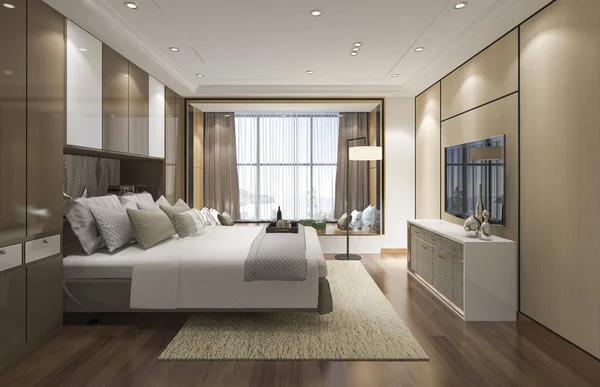 Renderização Luxo Suíte Quarto Moderno Hotel — Fotografia de Stock