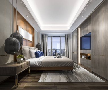 Otelimizde 3D modern yatak odası süiti.