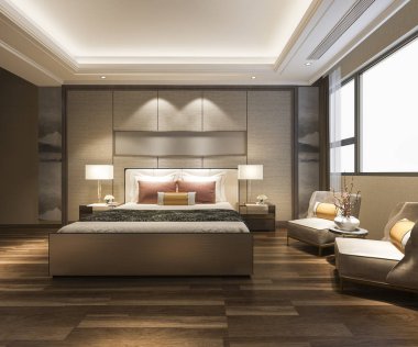 Otelimizde 3D modern yatak odası süiti.