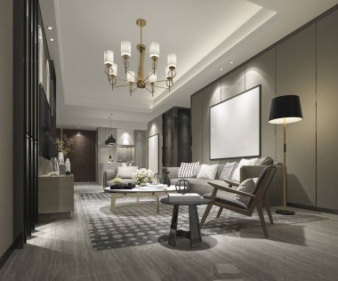 3D render lüks ve modern oturma odası kanepe ve yemek masası ile