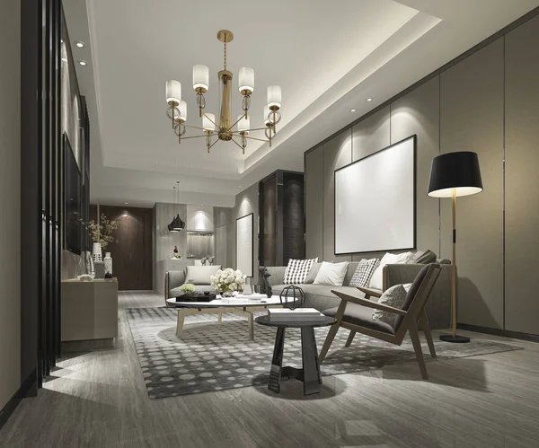 3D render lüks ve modern oturma odası kanepe ve yemek masası ile