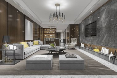 3 boyutlu modern yemek odası ve oturma odasını lüks dekorlarla donatmak.