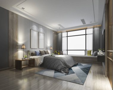 3D, kostüm dolabı olan modern yatak odası süiti.