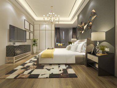 Otelimizde 3D modern yatak odası süiti.