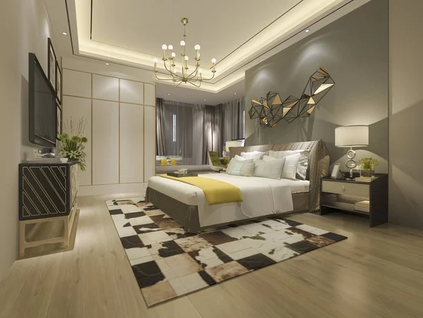 3Dレンダリングホテルの豪華な近代的なベッドルームスイート — ストック写真