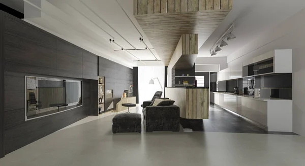Vykreslování Dřevěné Moderní Obývací Pokoj Jídelna — Stock fotografie