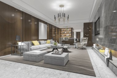 3 boyutlu modern yemek odası ve oturma odasını lüks dekorlarla donatmak.