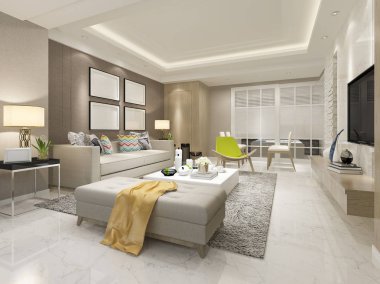 3 boyutlu modern yemek odası ve oturma odasını lüks dekorlarla donatmak.
