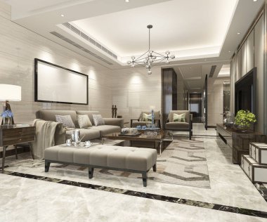 3 boyutlu modern yemek odası ve oturma odasını lüks dekorlarla donatmak.