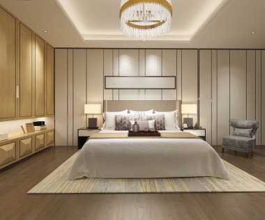 3D render lüks modern yatak odalı Süit otel ile dolap dolap yürümek