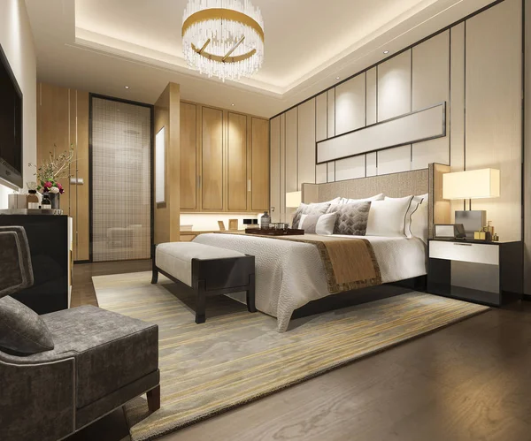 Render Lüks Modern Yatak Odalı Süit Otel Ile Dolap Dolap — Stok fotoğraf