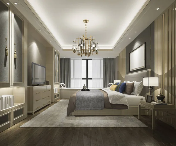 Rendering Van Mooie Luxe Chinese Slaapkamer Suite Hotel Met — Stockfoto