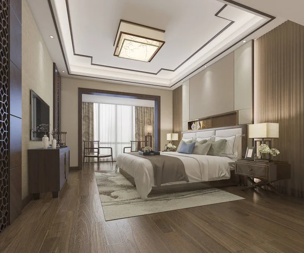 3d rendering beautiful luxury chinese bedroom suite in hotel with tv