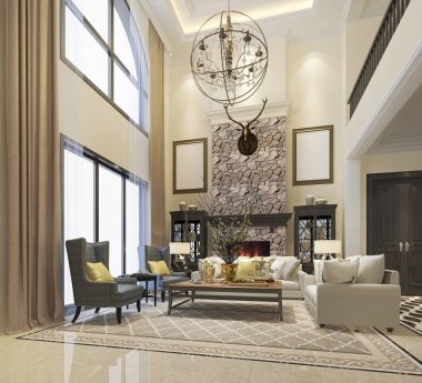 3D render lüks ve modern klasik oturma odası Avrupa tarzı ile