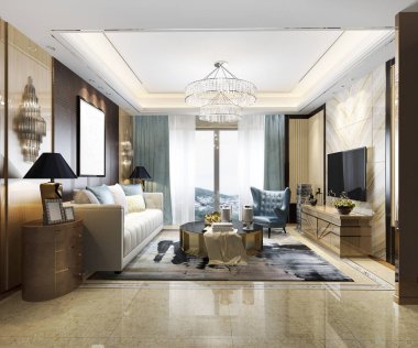 Kitaplık ile 3D render loft lüks oturma odası
