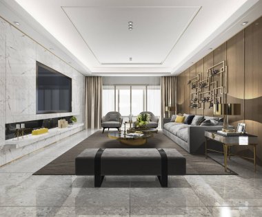 Kitaplık ile 3D render loft lüks oturma odası