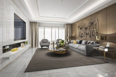Kitaplık ile 3D render loft lüks oturma odası