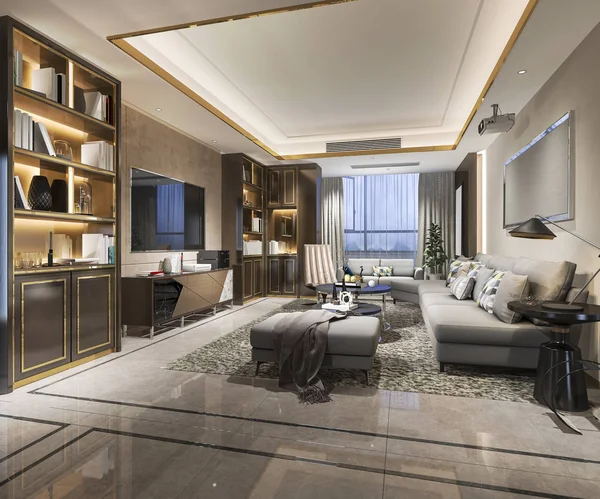 3d rendering loft luxury living room with bookshelf