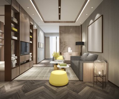 Kitaplık ile 3D render loft lüks oturma odası