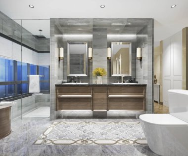 3D render klasik banyo lüks gece görünümü penceresinden bir dekor çini