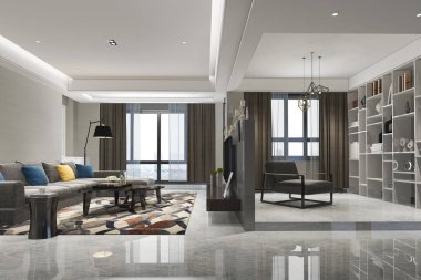 Kitaplık ile 3D render loft lüks oturma odası