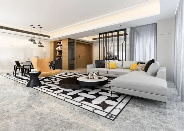 3 boyutlu modern yemek odası ve oturma odasını lüks dekorlarla donatmak.