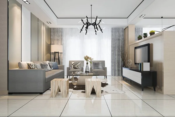 Render Beyaz Modern Klasik Oturma Odası Ile Mermer Karo — Stok fotoğraf