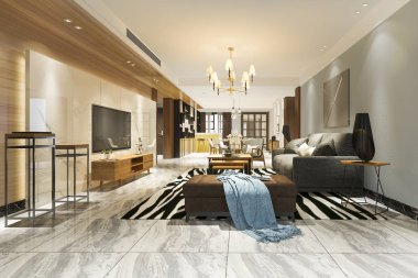 3 boyutlu modern yemek odası ve oturma odasını lüks dekorlarla donatmak.