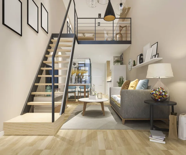 Rendering White Wood Living Room Stair Minimal Style — Stock Photo, Image