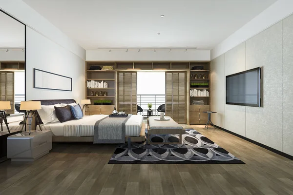 Rendering Schöne Luxus Schlafzimmer Suite Hotel Mit Fernseher — Stockfoto