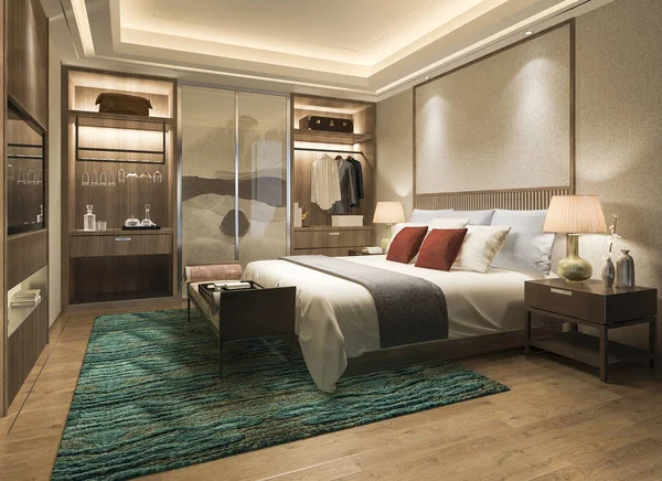 Rendering Luxe Moderne Slaapkamer Suite Met Garderobe Walk Closet — Stockfoto