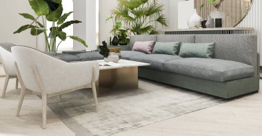 3D render lüks ve modern oturma odası ile deri kanepe