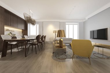 3 boyutlu modern yemek odası ve oturma odasını lüks dekorlarla donatmak.
