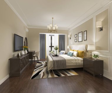 3D render Avrupa lüks yatak odalı süit otel tv ile