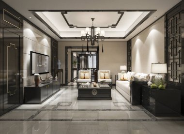 3D render Çince klasik oturma odası ile deri kanepe