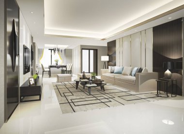 3 boyutlu modern yemek odası ve oturma odasını lüks dekorlarla donatmak.