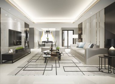 3 boyutlu modern yemek odası ve oturma odasını lüks dekorlarla donatmak.