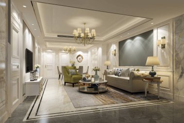 3D rendering lüks ve modern oturma odası ve yemek odası
