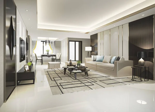Vykreslování Moderní Jídelna Obývací Pokoj Luxusní Výzdobou — Stock fotografie